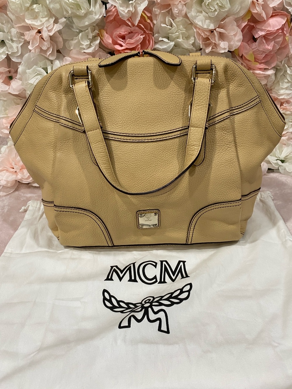 MCM Beige Leather Tote Bag